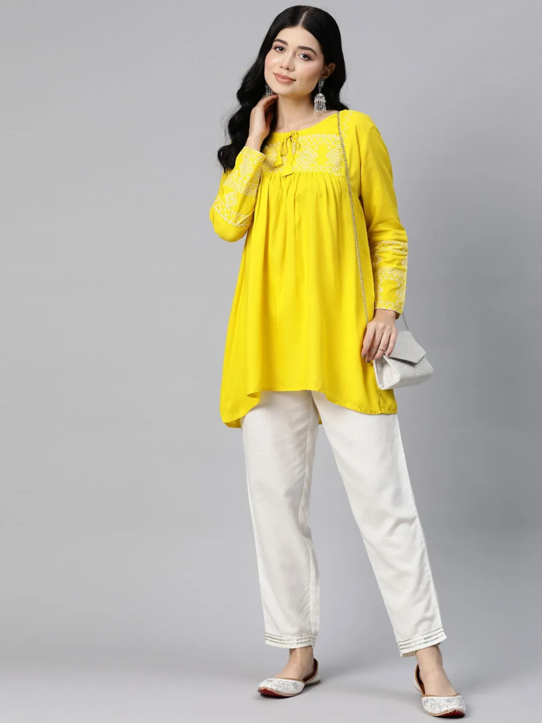 long-top-frock-style cotton fabric yellow color 