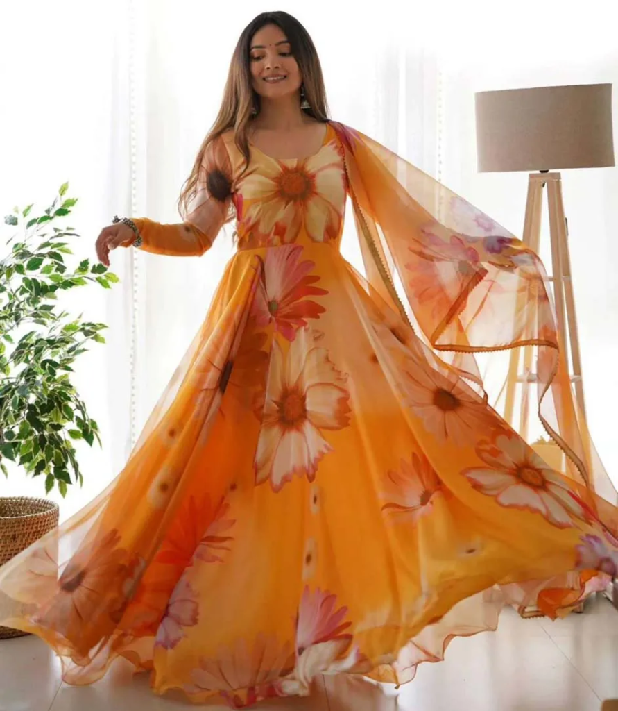 organza-silk-reception-gown-in-yellow-with-printed-work